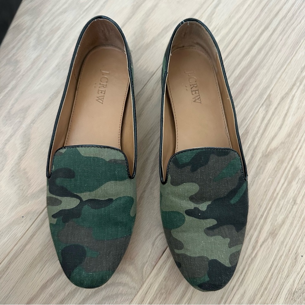 J. Crew Green and Black Camouflage Addie Loafers